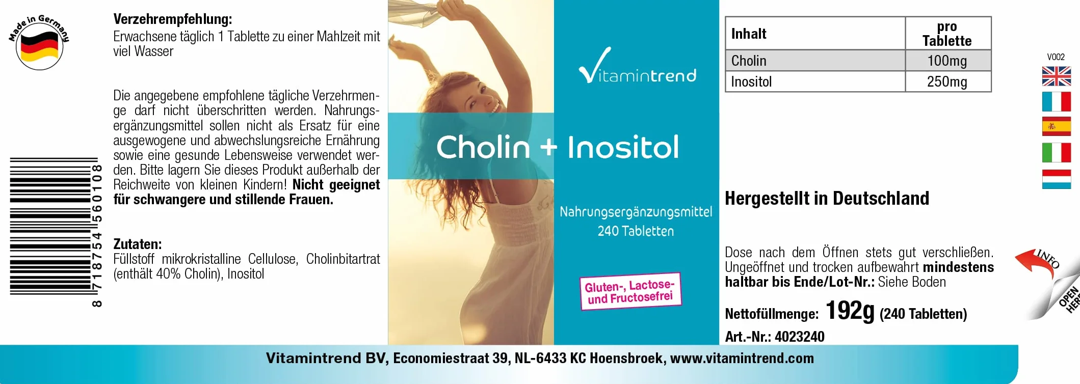 Vitamintrend Choline 100 mg + Inositol 250 mg, 240 comprimés, complément alimentaire végan sans stéarate de magnésium, fabriqué en Allemagne