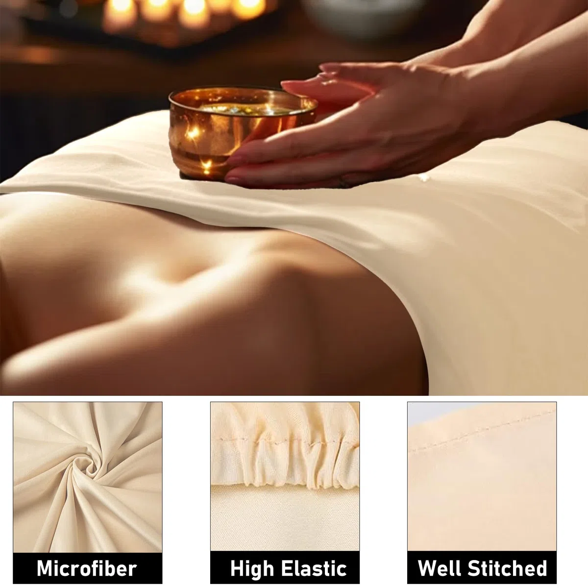 Lot de 2 draps de lit réutilisables en microfibre douce - Pour table de massage - Drap-housse et housse pour repose-visage - Pour salon de beauté, spa, cheveux - Beige