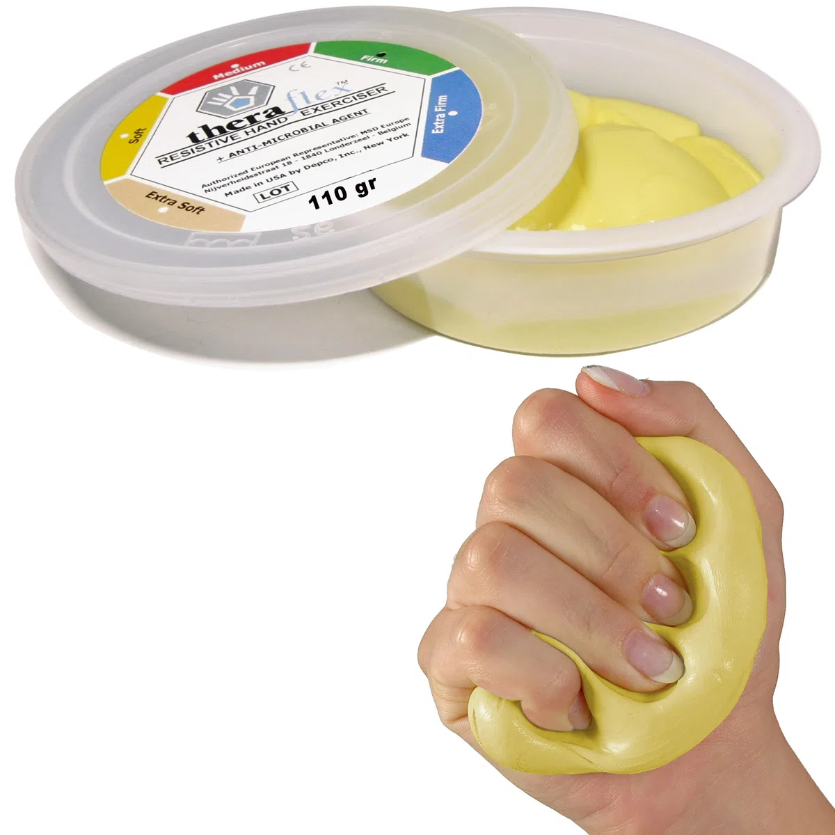 TheraFlex Pâte 113 g jaune souple compressible pour les doigts non toxique Putty Arthrite Rehabilitation Force