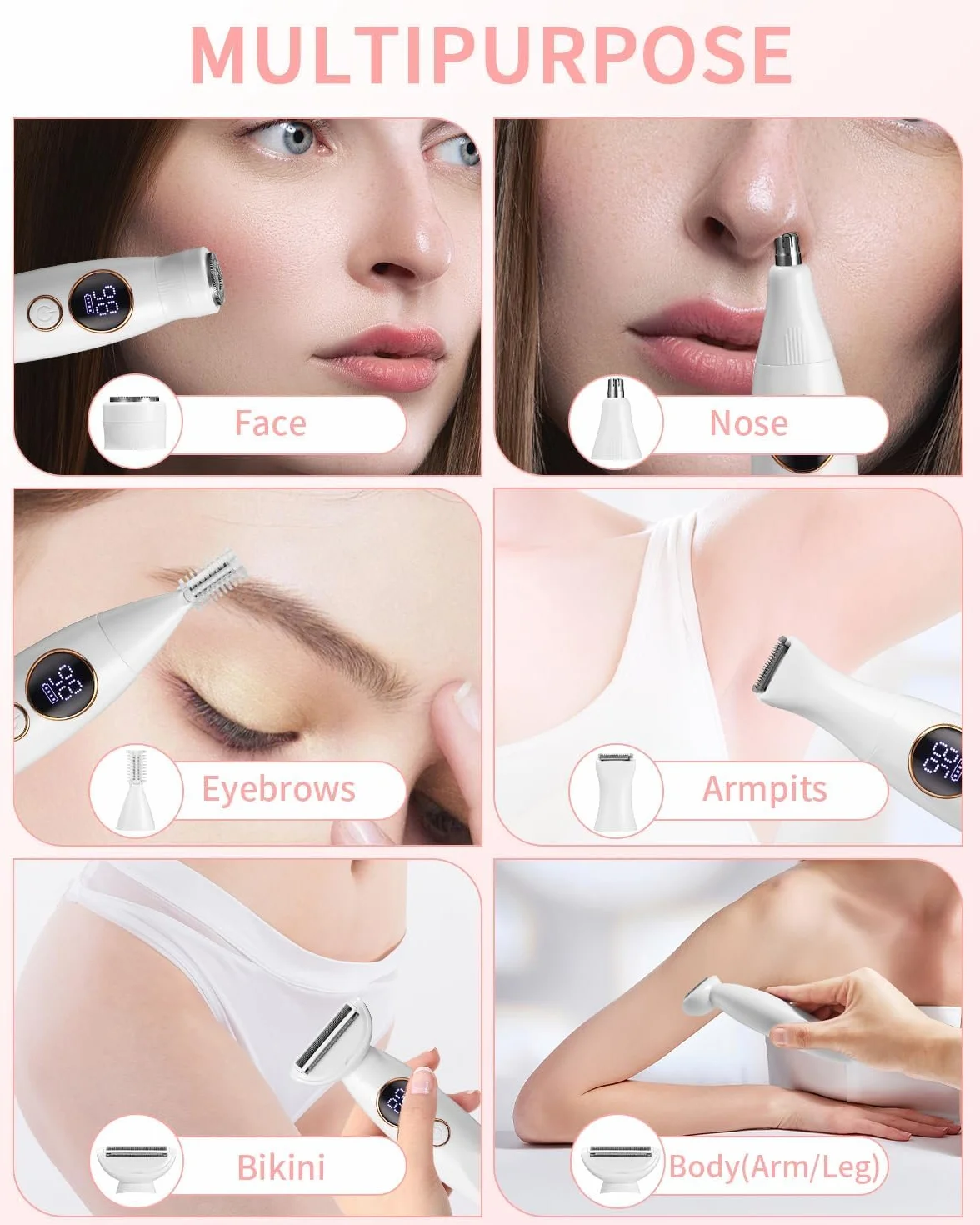 Rasoir Electrique Femme, 5 en 1 Tondeuse Femme Intime, Rasoir Femme Electrique avec Station de USB Rechargeable, Tondeuse Maillot Femme, pour Le Corps, Les Aisselles, Le Bikini, Les Sourcils et Le Nez