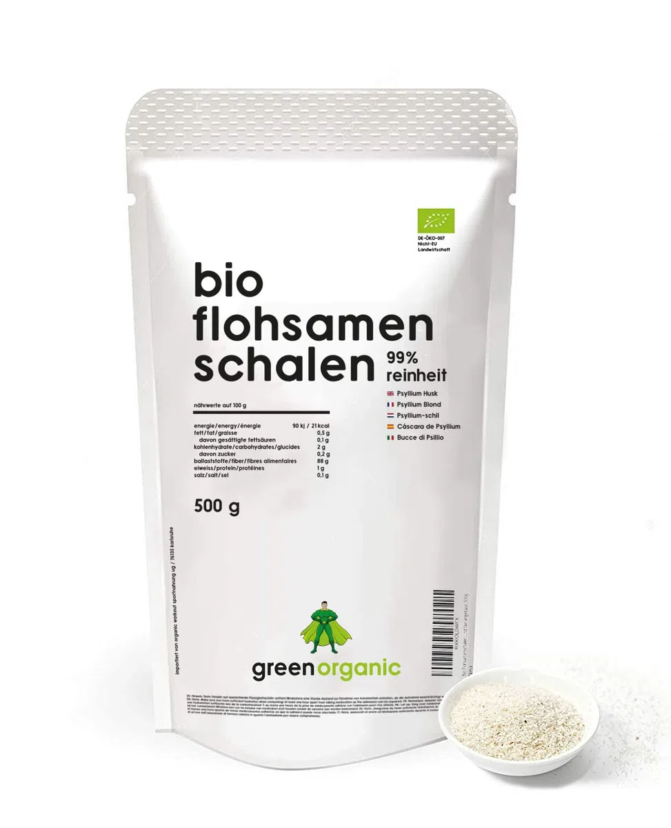 Bio Psyllium Husks 99% pureté, Qualité supérieure, faible teneur en glucides, sans gluten, vegan, riche en fibres, Superfood, Biologique, 500g sac