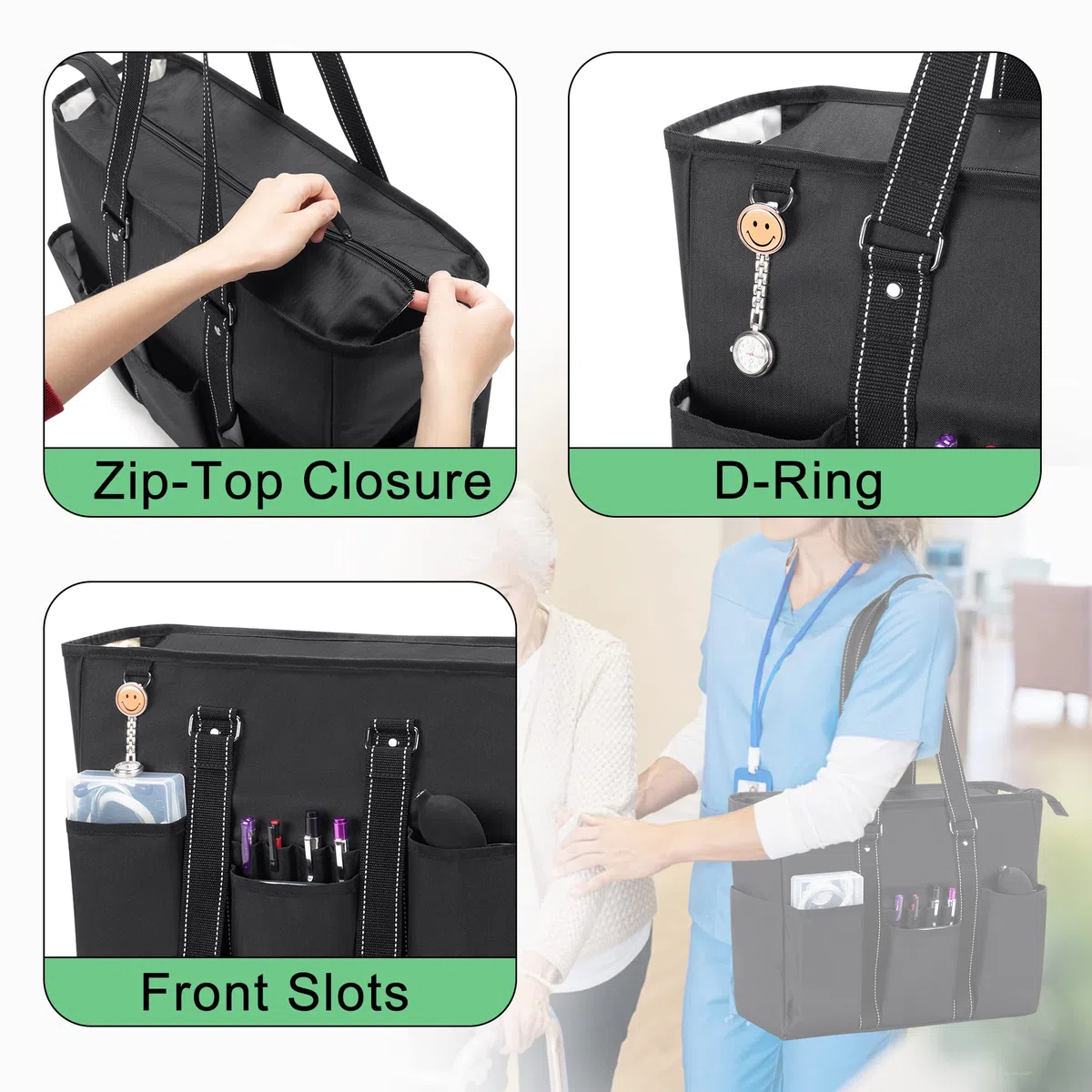 Damero Sac de Travail pour Infirmier(ère) avec Multiples Poches, Noir | Sac Fourre-tout avec Compartiment Rembourré pour Ordinateur Portable, Sac de Rangement Grande Capacité