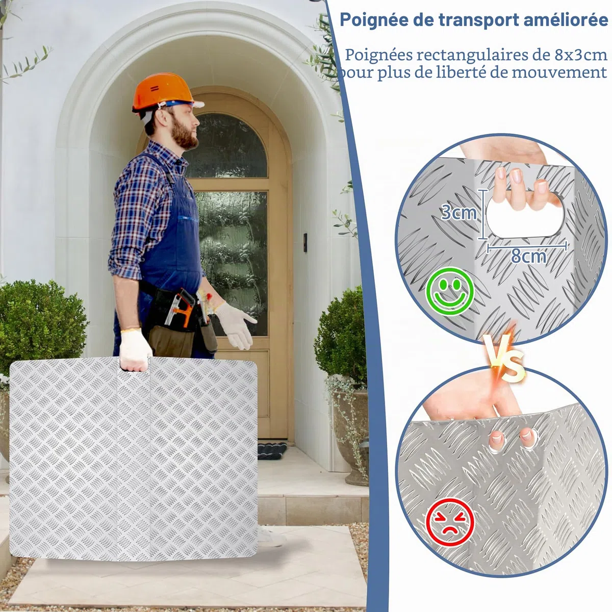 UISEBRT Rampe de seuil de porte, pour fauteuil roulant, en aluminium, antidérapante, portable, avec poignées, capacité de charge 270 kg (100 x 70 x 10 cm)