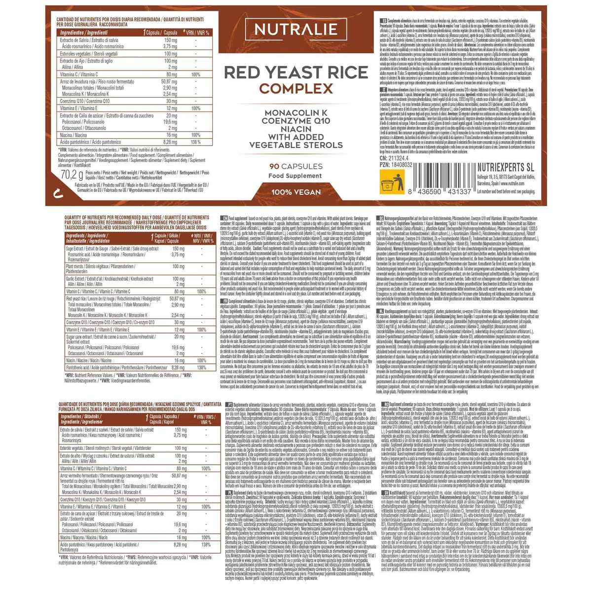 LEVURE DE RIZ ROUGE 2,9mg Monacoline K + Q10 + Vit C E - Levure de riz rouge - 90 Gélules Vegetales Nutralie