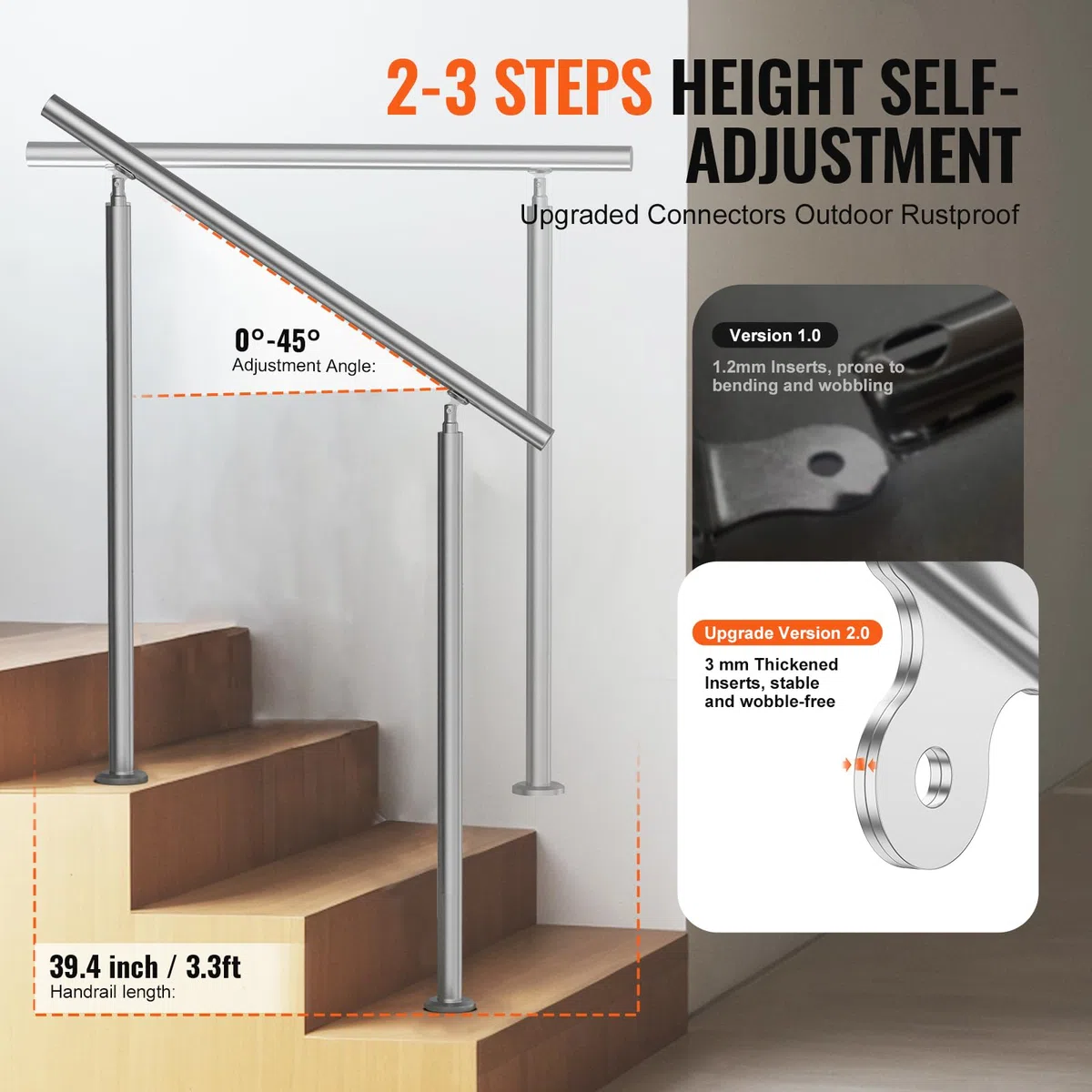 VEVOR Rampe d'Escalier, 100 cm, Main Courante Escalier pour Marches Extérieures en Acier Inoxydable, avec Kit d'Installation, Barre d'Appui à Double Colonne, pour Personnes Âgées, Porche, Terrasse