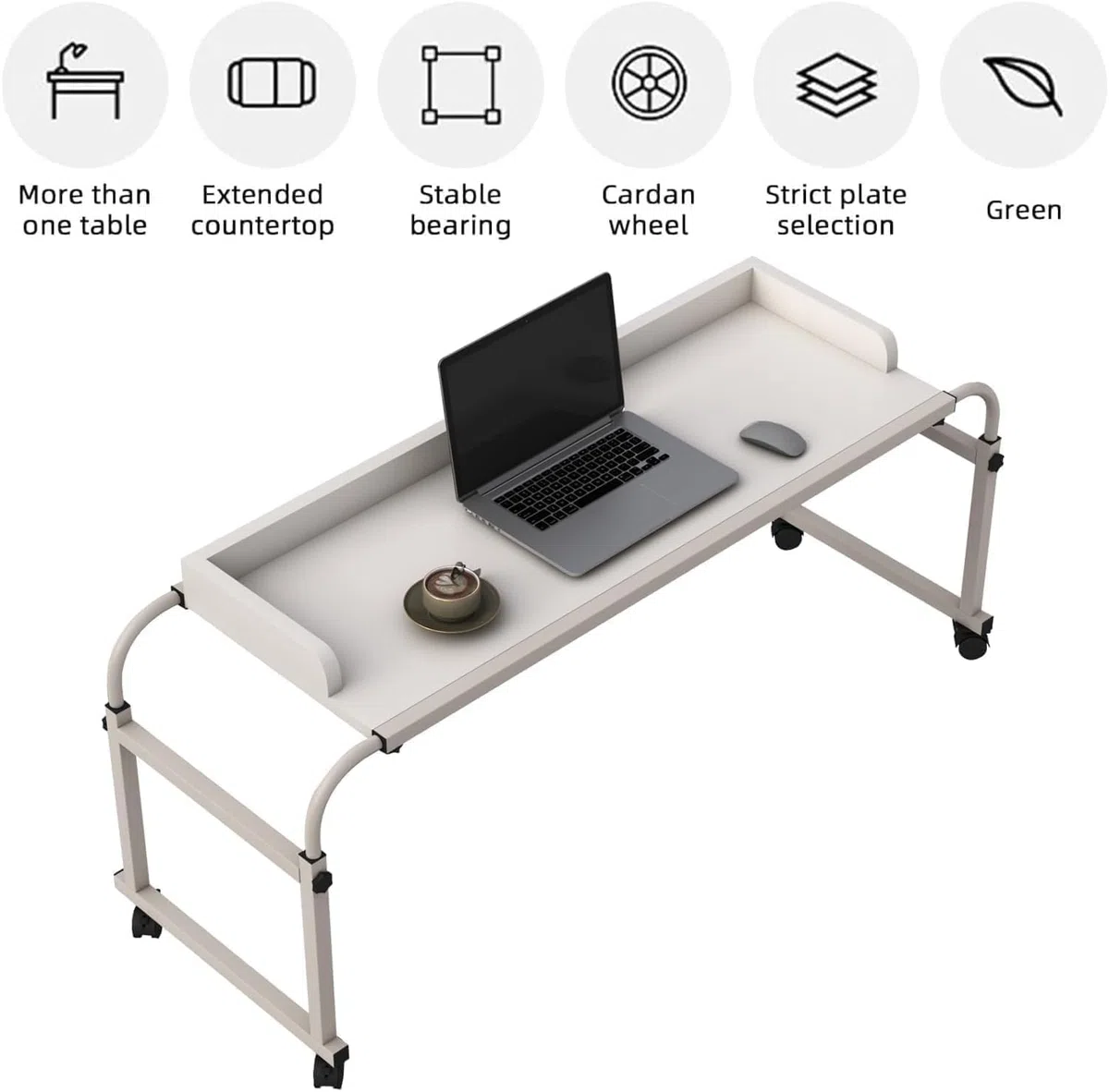 Table de lit réglable en hauteur avec roulettes, 120 à 210 cm, bureau mobile sur lit, canapé ou bureau, support réglable de 65 à 95 cm, chariot mobile pour ordinateur portable, bureau