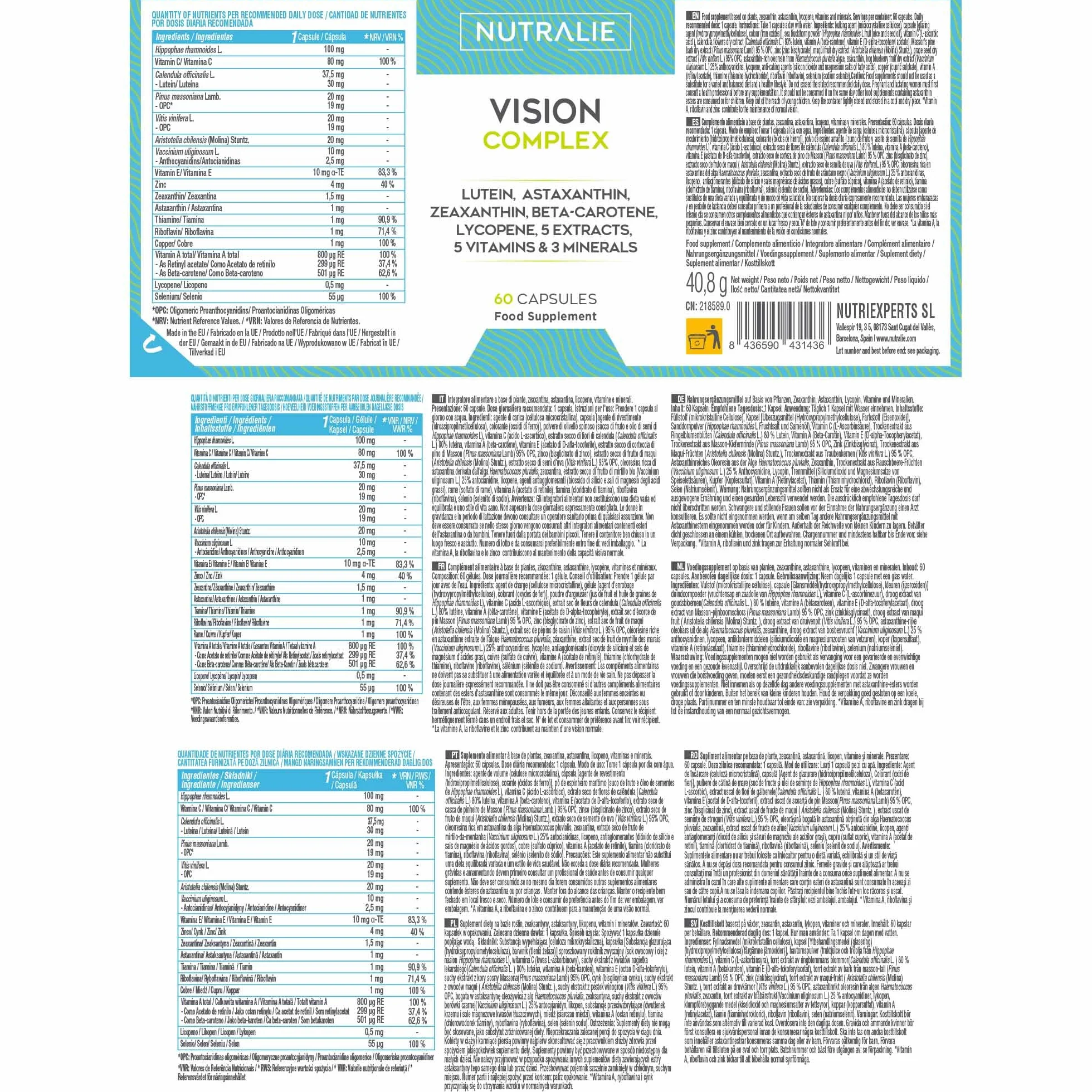 Vision Complex Luteína + Zeaxanthine + Astaxanthine - Vit. C E et A - Pour les yeux - Complexe 18 ingrédients avec Zinc Sélénium Cuivre Lycopène + Thiamine Riboflavine - 60 Capsule Nutralie