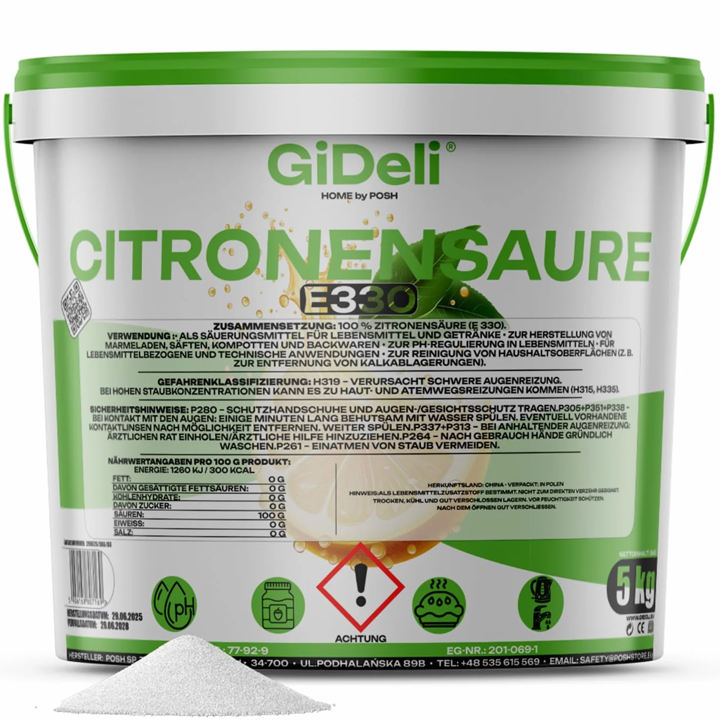 GiDeli Acide Citrique 5kg E330 Qualité Alimentaire - Poudre Blanche Pure pour Pâtisserie et Conserves - Détartrant Naturel Grand Format pour Lave-vaisselle, Lave-linge - Booste Votre Lessive