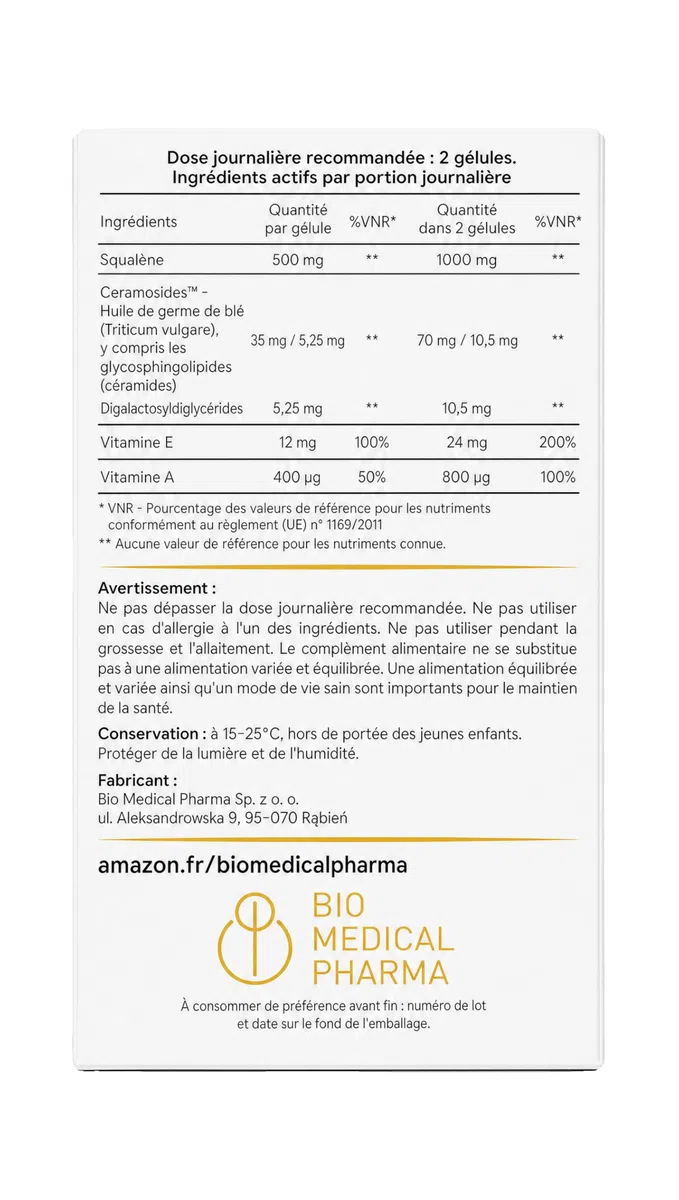 Phytoceramides – CERAMOSIDES 70 mg, Vitamine A et E, Squalane – La vitamine A contribue au maintien d'une peau normale – Peau sèche, ménopause (60 capsules molles)
