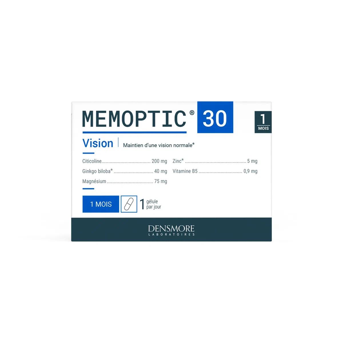 Densmore - MEMOPTIC Complément Alimentaire Mémoire et Vision à base de Citicoline (traitement Glaucome) - Ginkgo biloba Magnésium Vitamine B5 Zinc - 30 comprimés - Cure de 1 mois - Fabriqué en France