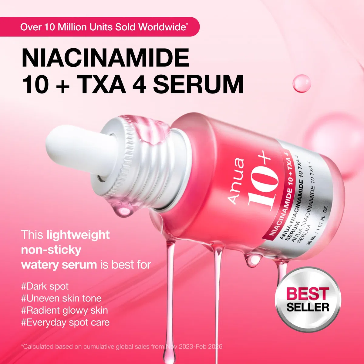 ANUA Sérum 10% niacinamide + 4% acide tranexamique, céramide, acide hyaluronique, vitamine B12, couleur naturelle, pour peaux sensibles, peau de verre coréenne, sans parfum (30 ml / 1,01 fl.oz.)