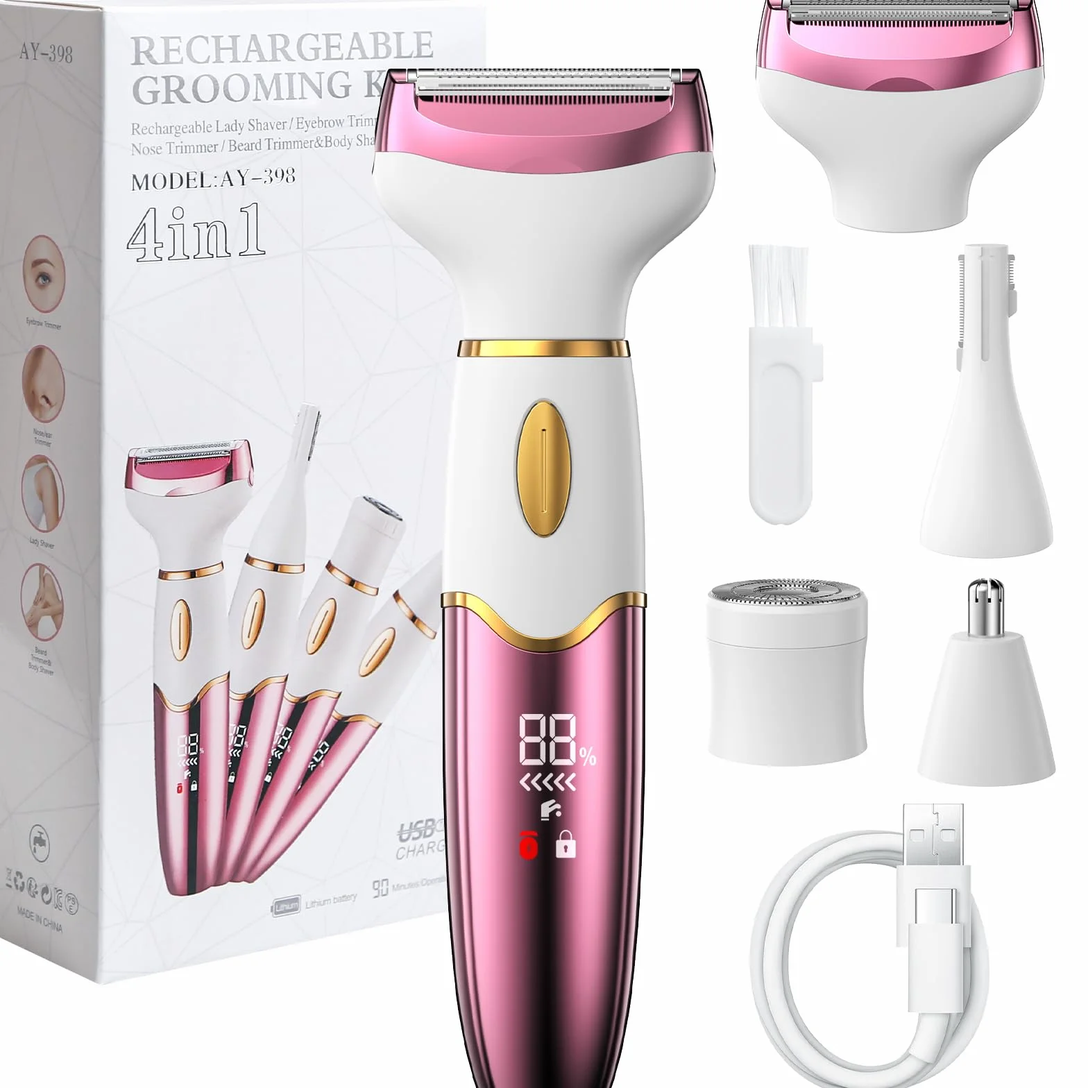 Rasoir électrique 4 en 1 pour femme avec affichage numérique, étanche IPX7, épilateur facial pour femme, rasoir intime pour le visage, les parties intimes, les aisselles, les jambes, recharge