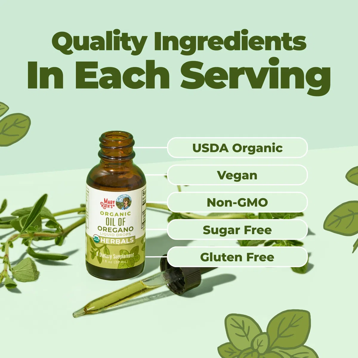 MaryRuth Organics, Oil of Oregano Drops, Huile d'Origan Végétalienne en Gouttes, 30ml, Testé en Laboratoire, Végétarien, Sans Gluten, Sans Soja, Sans OGM