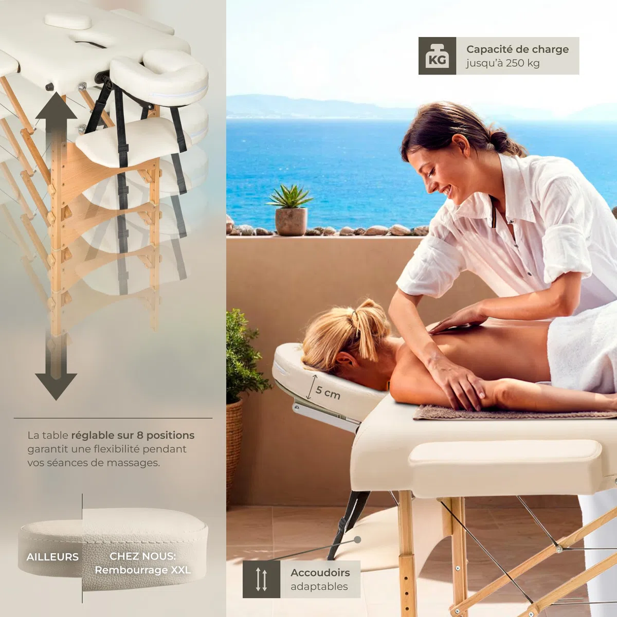 tectake Table de Massage 2 Zones Pliante Cosmetique Lit de Massage Table Esthetique Tatouage Portable avec Repose Bras, Housse de Transport Incluse - Beige