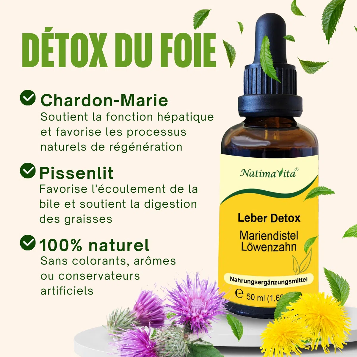 Détox du foie Chardon-Marie et Pissenlit – 2 x 50 ml – Détoxifiant et régénérant pour le foie, la vésicule biliaire et le système digestif – 100% naturel - NatimaVita