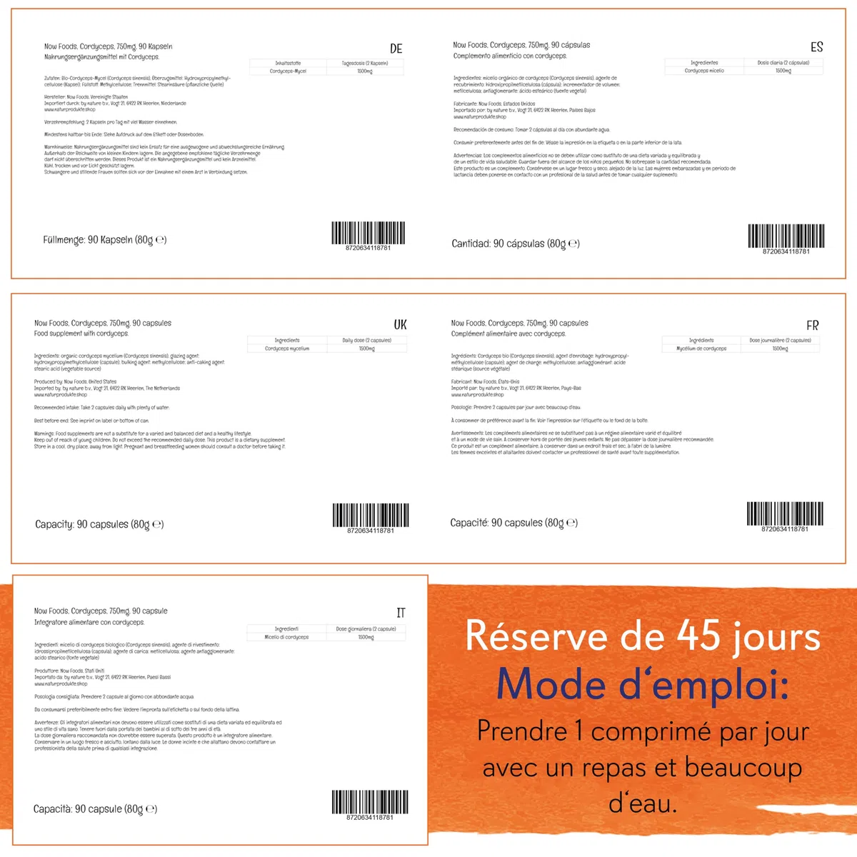 Now Foods, Cordyceps, 750mg, 90 Capsules végétaliennes, Sans Gluten, Sans Soja, Végétarien, Sans OGM