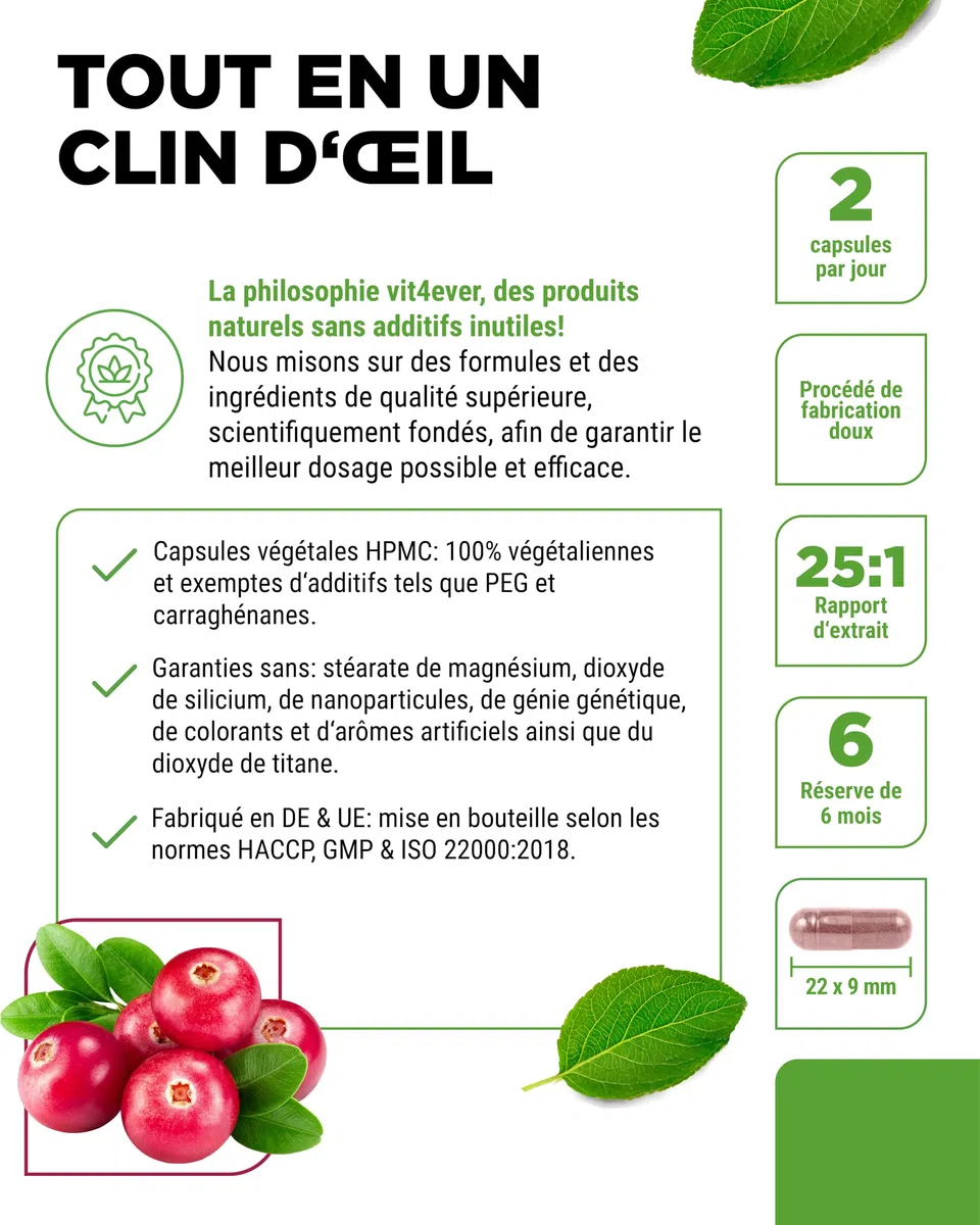 Extrait de canneberge + Vitamine C – 365 gélules de canneberge – Extrait 25:1, équivalent à 25.000 mg – 6% proanthocyanidines – Hautement dosé, sans additifs indésirables, végan