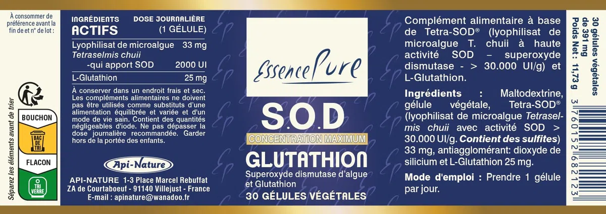 SOD Glutathion Essence Pure - Superoxyde Dismutase D'Algues et Glutathion - Antioxydant Aux Extraits Brevetés - 30 gélules Végétaliennes par Api-Nature