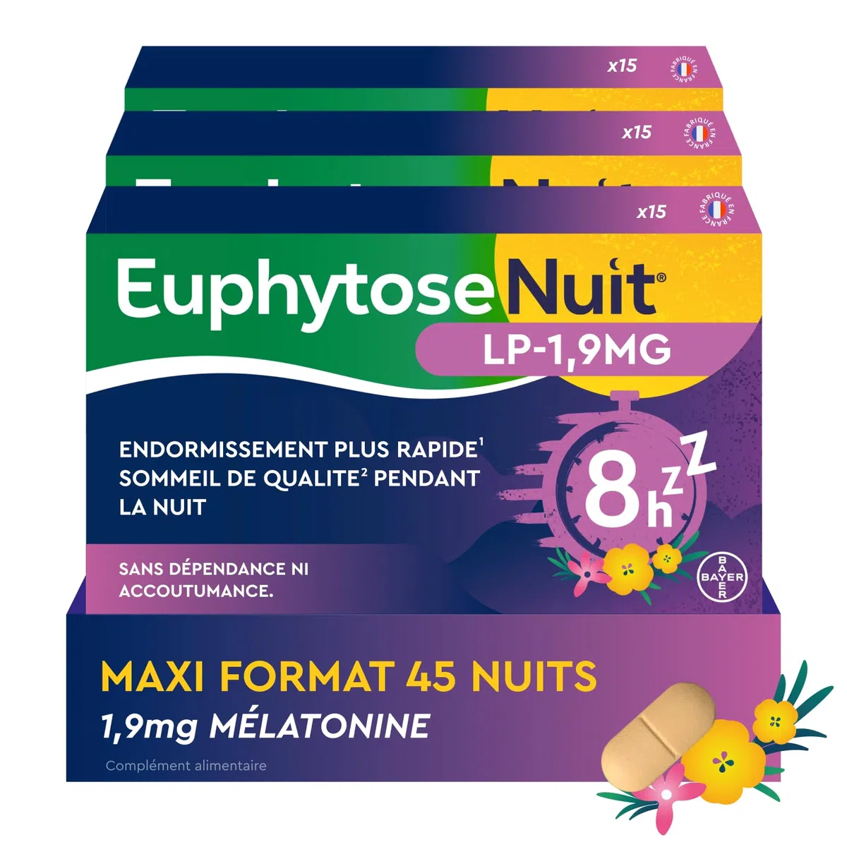 Euphytose Nuit LP Mélatonine 1,9 mg - Complément Alimentaire Sommeil Adulte - Favorise l'Endormissement et la Qualité du Sommeil - Libération Prolongée 8H - Valériane - 3x15 comprimés - 45 Nuits