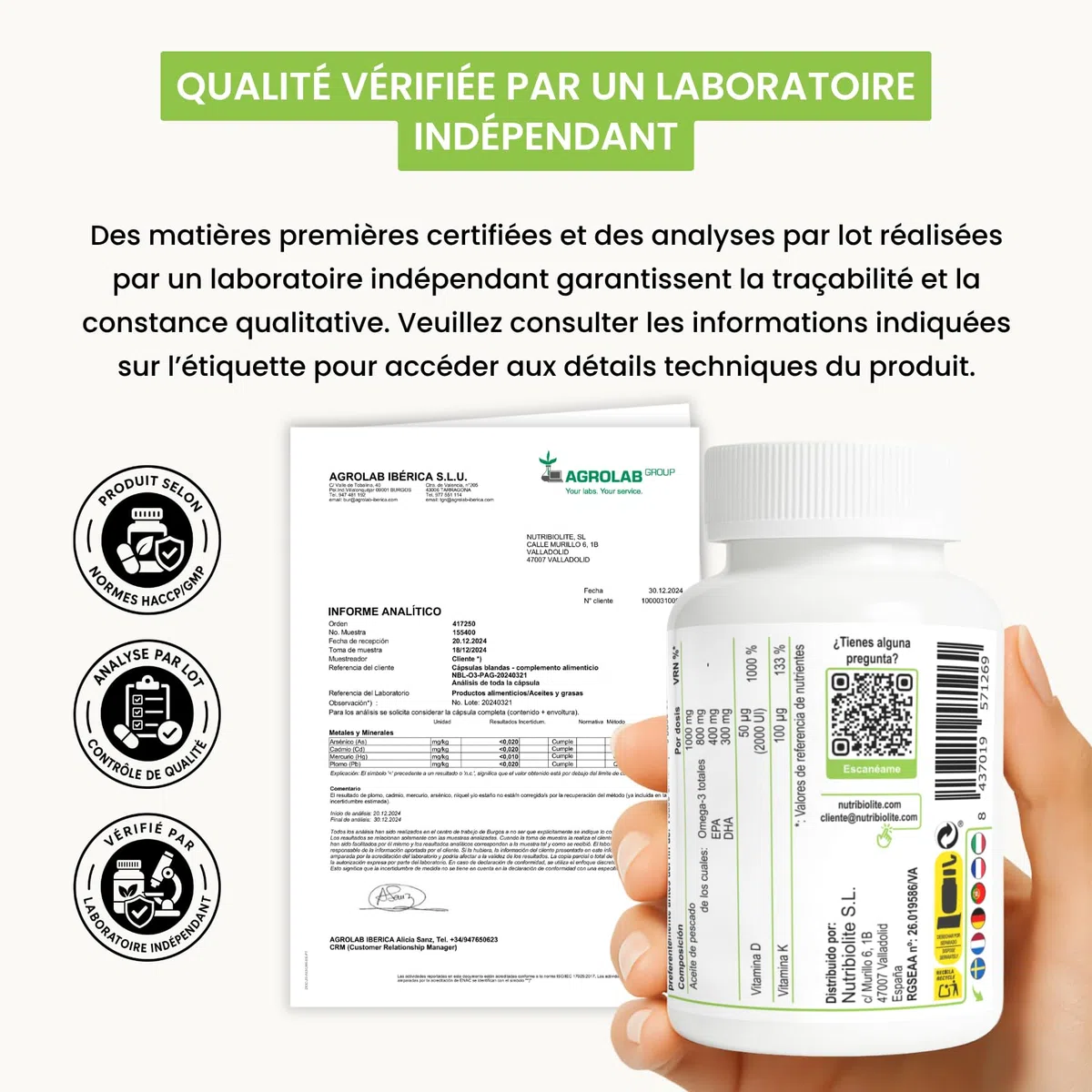 Omega 3 D3 K2 - Huile de Poisson 1000 mg - 80% d’Oméga 3 en triglycérides TG (EPA 400 mg + DHA 300 mg) + Vitamine D3 2000 UI et K2 MK-7 All-Trans 100 mcg - 90 capsules molles - 3 mois | Nutribiolite