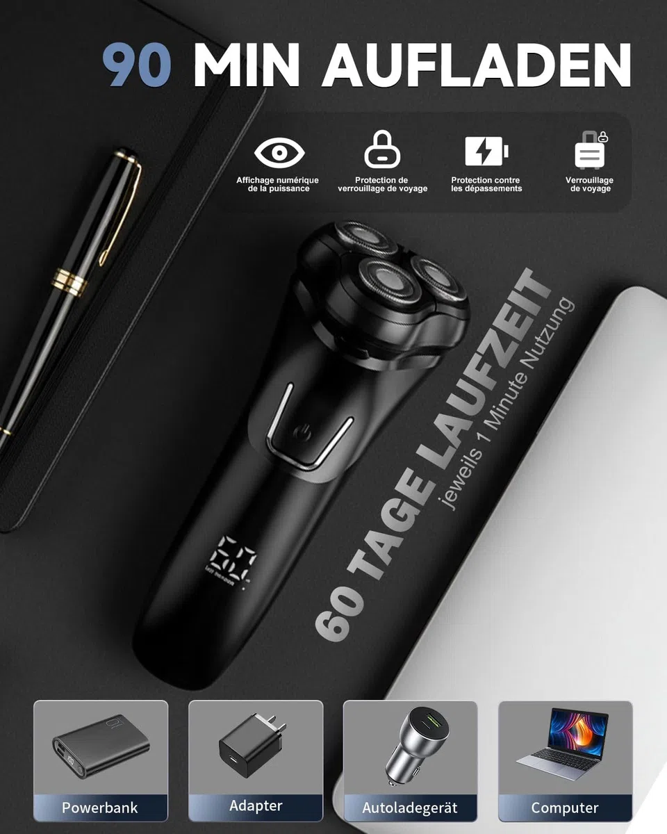 Rasoir Electrique Homme avec Écran LCD, IPX7 Étanche pour Rasage Sec et Humide, 4D Tête Flottante, 120 Min d'Autonomie, Rasoir Rechargeable avec Verrouillage de Voyage, Idéal pour Peau Sensible (Noir)