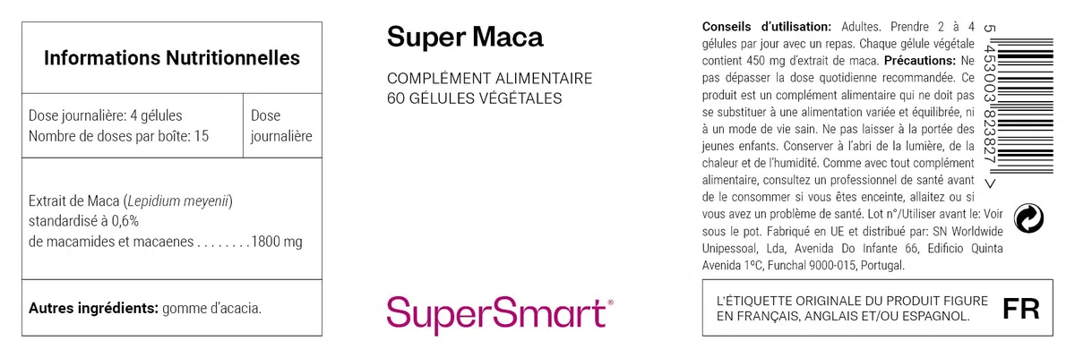 Super Maca - Maca Péruvienne - Soutient l’Énergie, la Vitalité & la Libido - Standardisé à 0,6% de Macamides et de Macaenes - Ginseng Péruvien - Vegan - Sans Gluten - SuperSmart