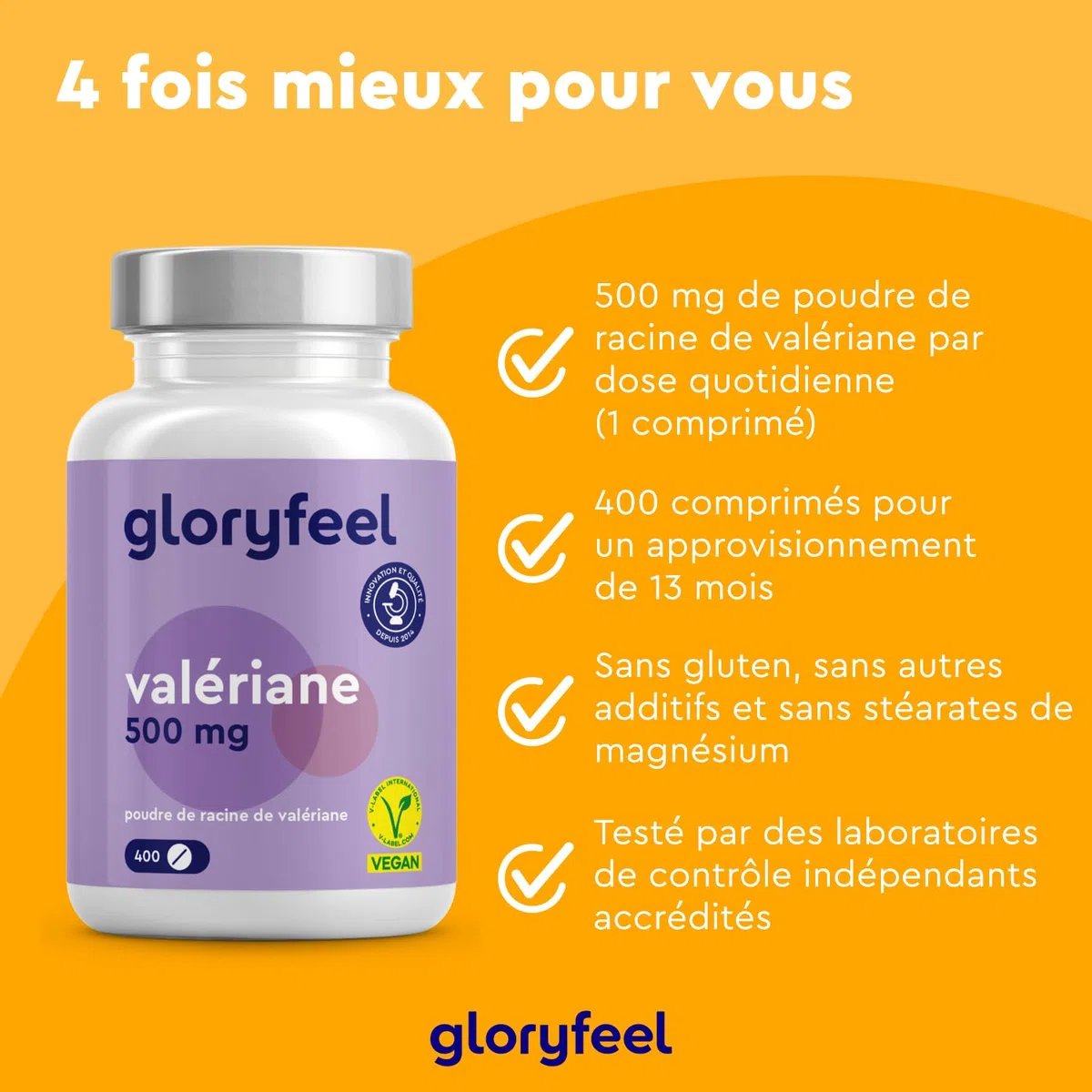 Valériane Hautement Dosée (500 mg par Dose Journalière), 400 Comprimés pour Plus d'un An, Extrait de Racine Pure, Plante, Complément Alimentaire, 100% Végétalien, Sans Additifs