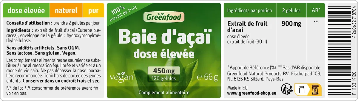 Greenfood Baie d'açai, 450 mg, extrait (30:1), 120 gélules - Sans additifs artificiels. Sans génie génétique. Vegan