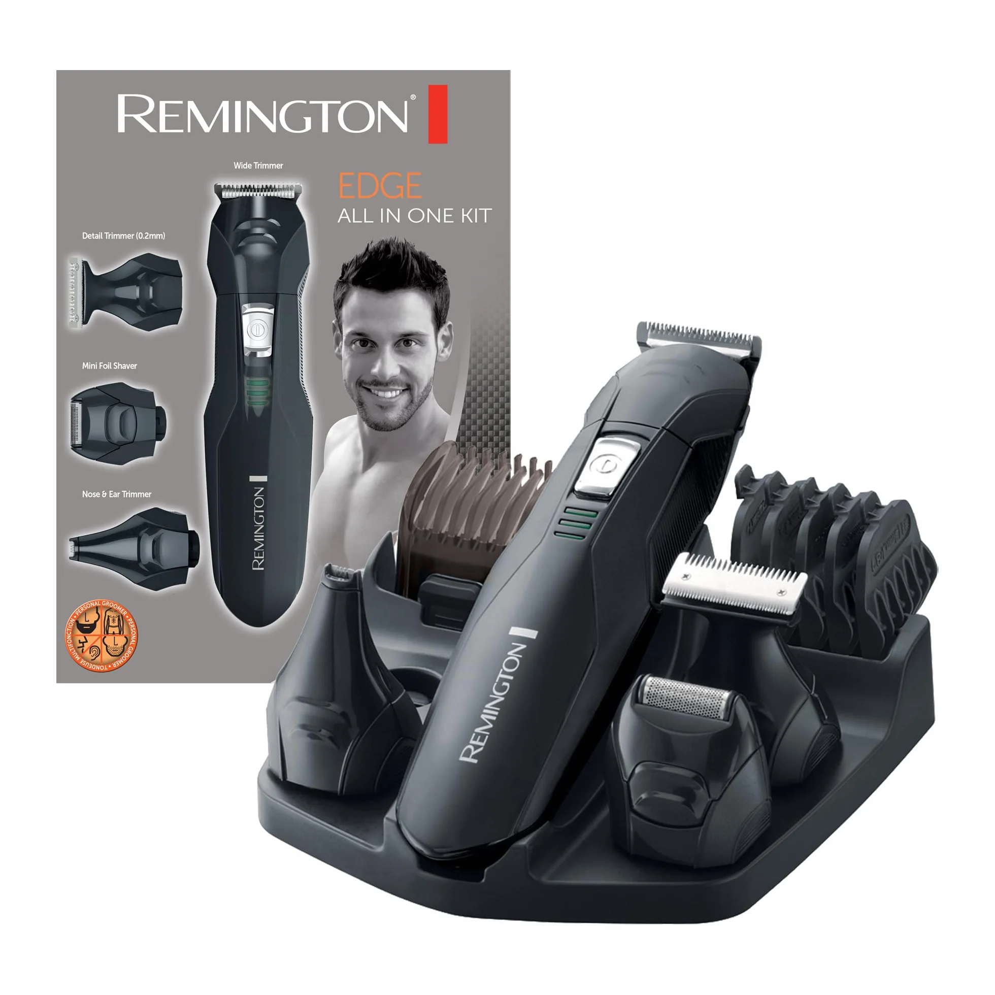 Remington Tondeuse Barbe [Multifonction 10 accessoires] Edge (Polyvalent: Poils du visage & du corps,Lames Acier, 4 têtes interchangeables + 6 Sabots, Sans fil,Socle de rangement) Tondeuse PG6030