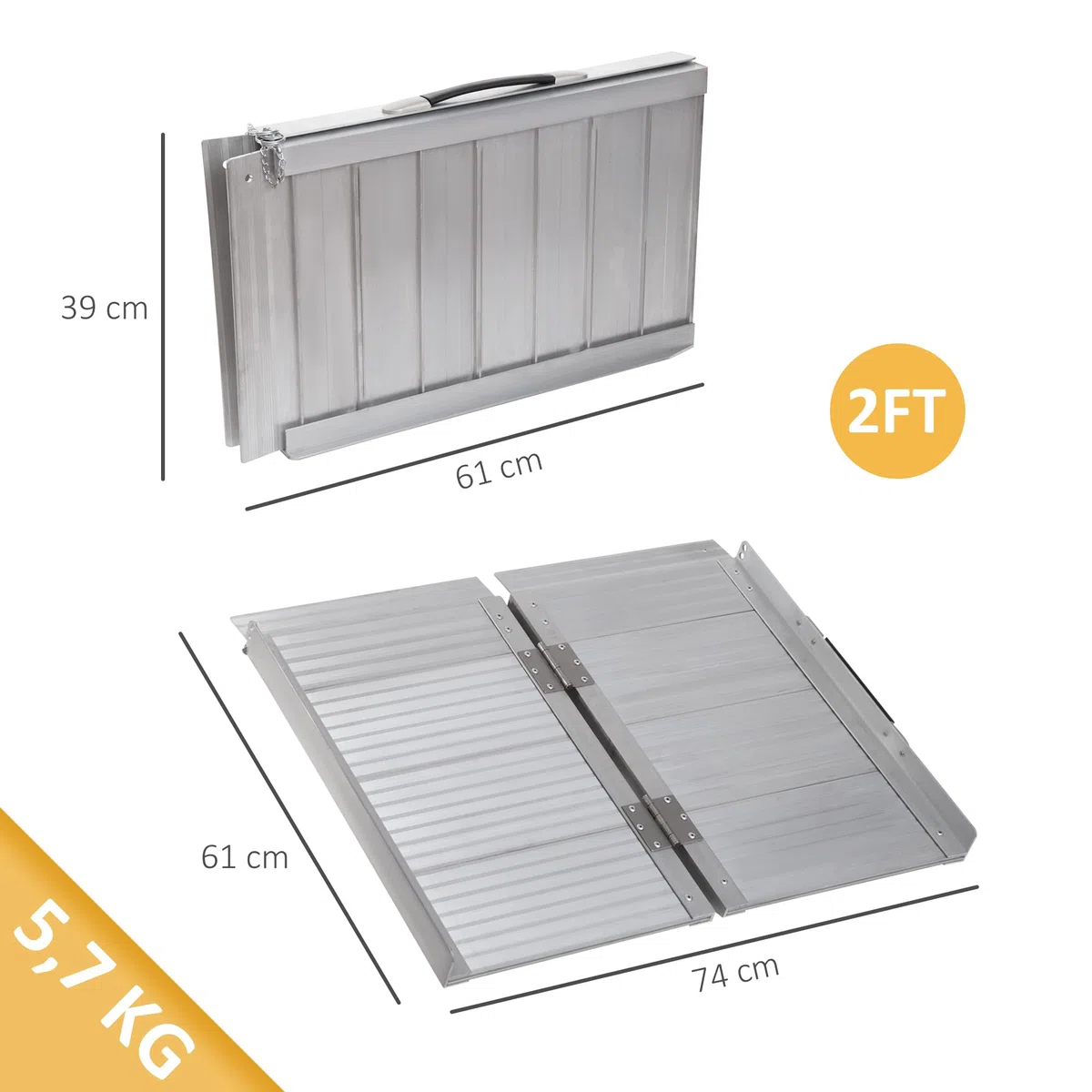 HOMCOM Rampe de Fauteuil Roulant Pliable Antidérapante 61x74 cm | Rampe de Chargement Sablage, Alliage d'Aluminium, Bordures de Sécurité, Stickers Réfléchissants, Charge Max. 270 Kg