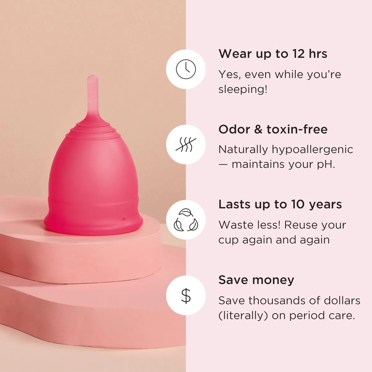 Coupe menstruelle réutilisable Saalt – Protection confortable et sans fuite jusqu'à 12 heures – Sans BPA ni latex – Comprend une coupe et un sac de transport - taille Régulier, Rose