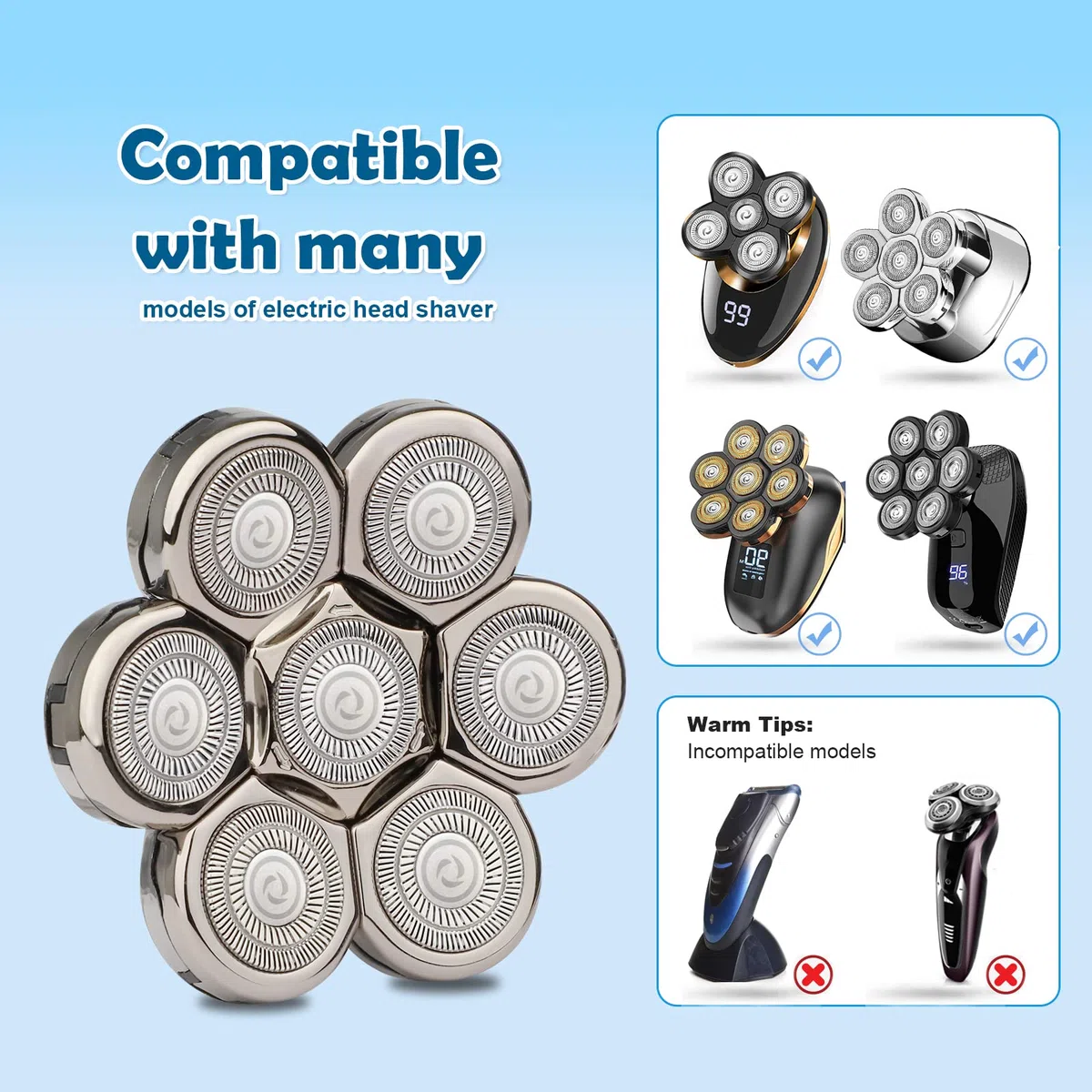 Tête de rasoir électrique: Lames argent pour tête chauve | Remplacement compatible avec rasoirs 5/6/7/8 têtes. Durable, rasage précis