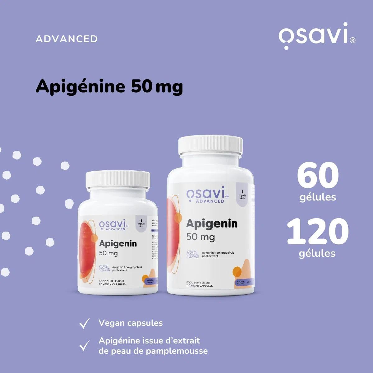 Osavi Apigénine 50 mg – 120 Gélules Véganes | Extrait d’écorce de pamplemousse standardisé (90% apigénine) | Bioflavonoïde d’origine végétale | Formule clean | Convient aux végans & keto