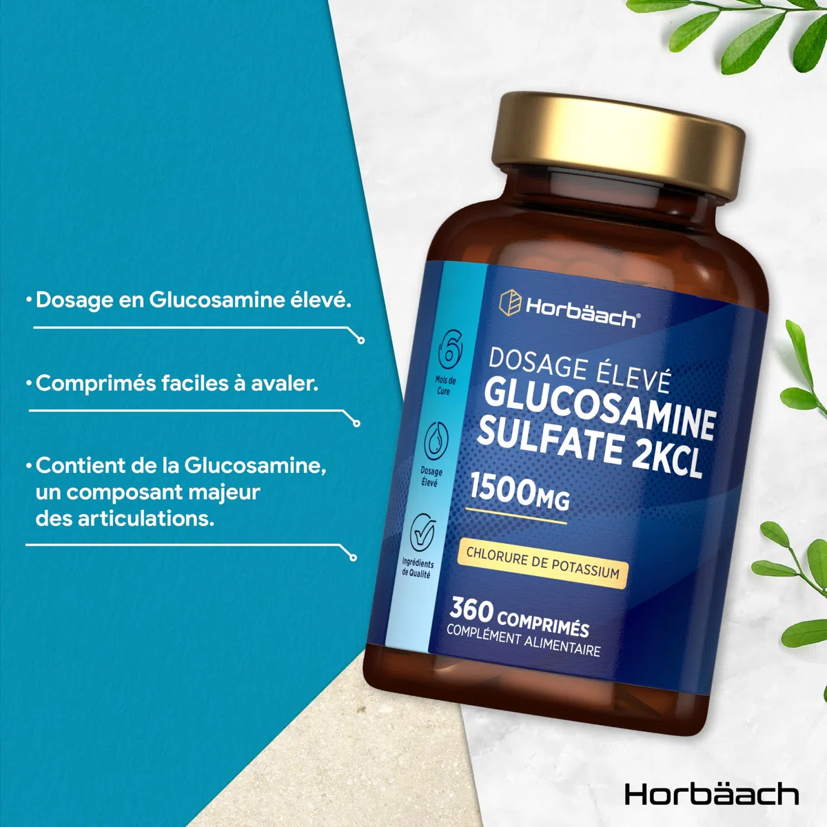 Glucosamine Sulfate 1500mg 2KCl | 360 Comprimés | Complément Alimentaire à Haute Dose | Glucosamine Sulphate Supplement | by Horbaach