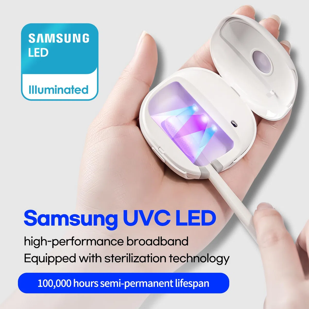 [Samsung UV-C] HubiCare Stérilisateur de Brosse à Dents UV LED Portable, étui de stérilisation Semi-Permanent à Double LED, Rechargeable par USB, Compatible avec Toutes Les têtes (Beige)