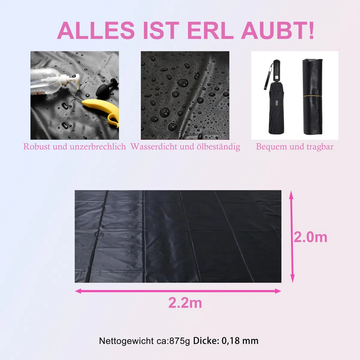 WHL Drap érotique imperméable pour Couple, 220 x 200 cm, Couverture d'amour Imperméable pour Le Sexe Lavable Drap en Latex (Noir)