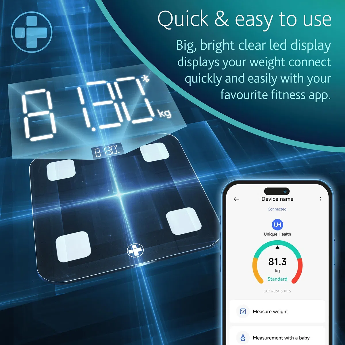 Reliance Medical Balance Smart BMI, Balance Digitale de Graisse Corporelle avec Écran LED, Pèse-Personne pour Salle de Bain, 28cm x 28cm x 2,4cm, Lot de 1