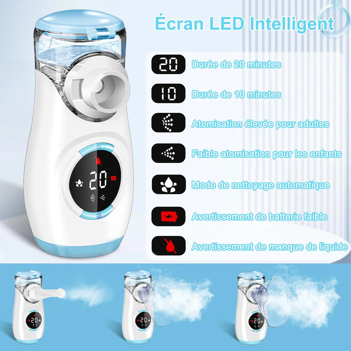 Nebulisateur pour Adultes et Enfants,Nebulisateur Portable Silencieux avec Ecran Digital,Nébuliseur Rechargeable Inhalateur Aerosol Medical Electrique avec 2 Masques et Embout Buccal