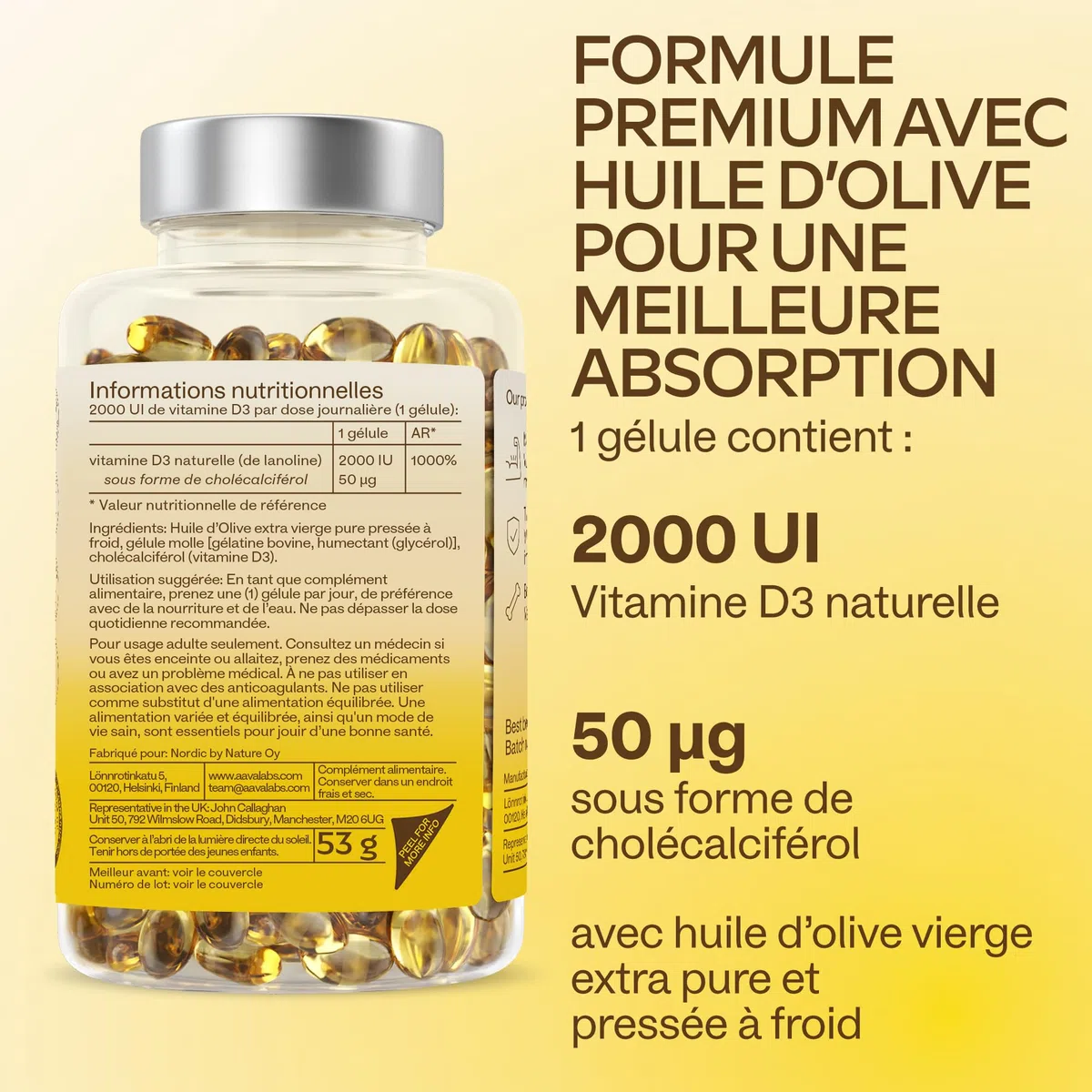 Vitamine D3 2000 UI - Vitamine D avec Huile d’Olive Extra Vierge pour Absorption Optimale - Vitamines sans OGM, sans Gluten et Lactose pour les Fonctions Osseuse, Musculaire, Immunitaire - 365 Gélules
