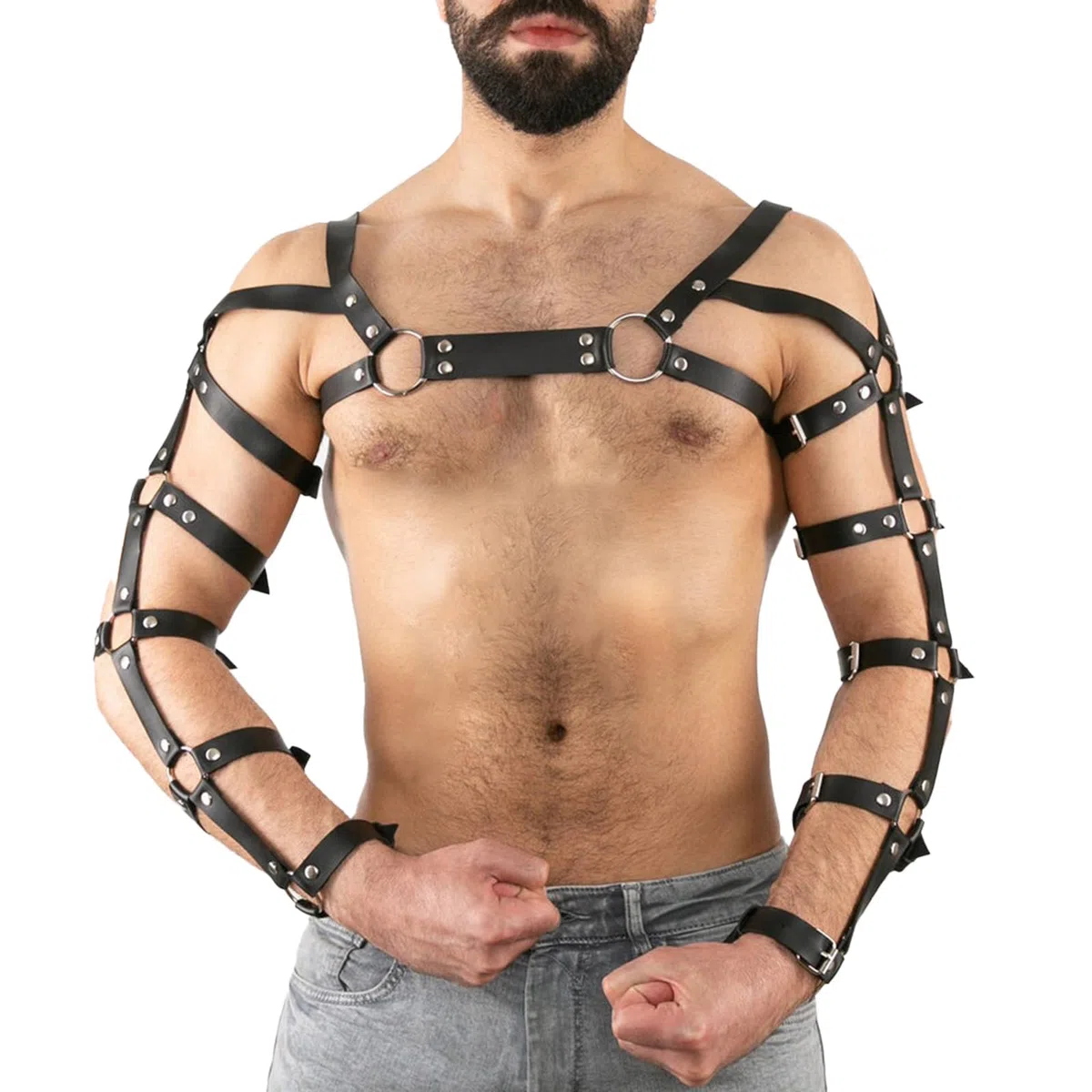 Harnais de Bras en Cuir Noir pour Homme Sangle de Poitrine en Cuir PU Rivetée Spectacle Musculaire Accessoires de Jeux de Rôle Sexy Masculin Réglable