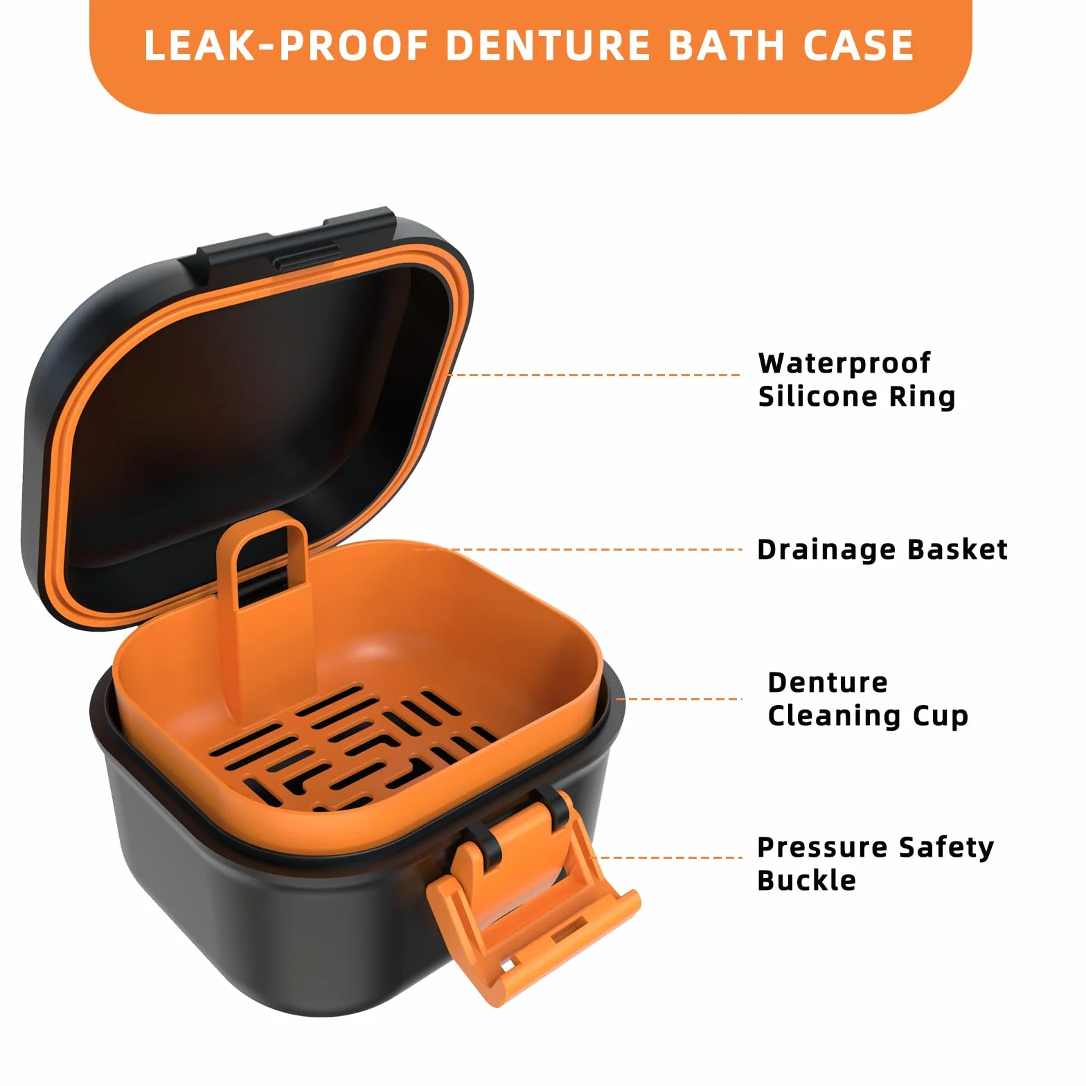 ARGOMAX Boîte de prothèse anti-fuite, boîte à prothèses dentaires portable avec tamis, pour prothèses dentaires et appareils dentaires (noir + orange).