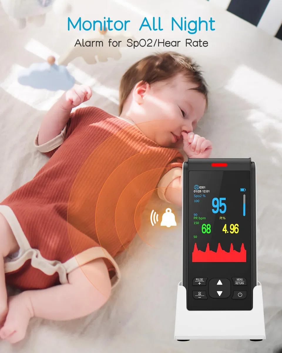 Oxymètre de Pouls Pédiatrique avec Sangle, Moniteur SpO2 et Fréquence Cardiaque pour Bébé/Enfant, Écran OLED Couleur, Batterie Rechargeable 2000mAh, Base de Chargement, Indice de Perfusion (PI)