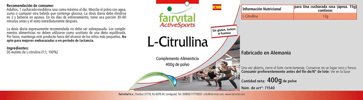 fairvital L-citrulline malate en poudre, 400 g, HAUTEMENT DOSÉE, L-citrulline DL-malate, 100% pure sans additifs