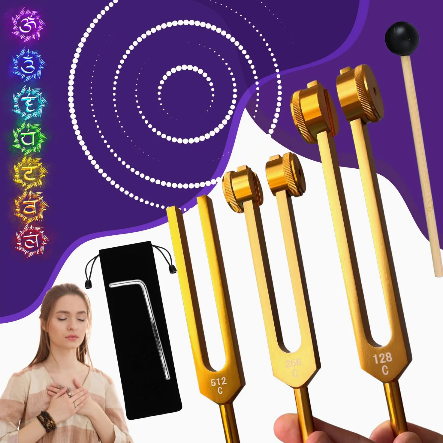 Diapasons Thérapeutiques Professionnels 128hz 256hz 512hz | Pack de 3 en Aluminium Doré, Utilisés Pour Le Yoga Méditation La Thérapie du Son, instrument avec Marteau et Etui de rangement inclus
