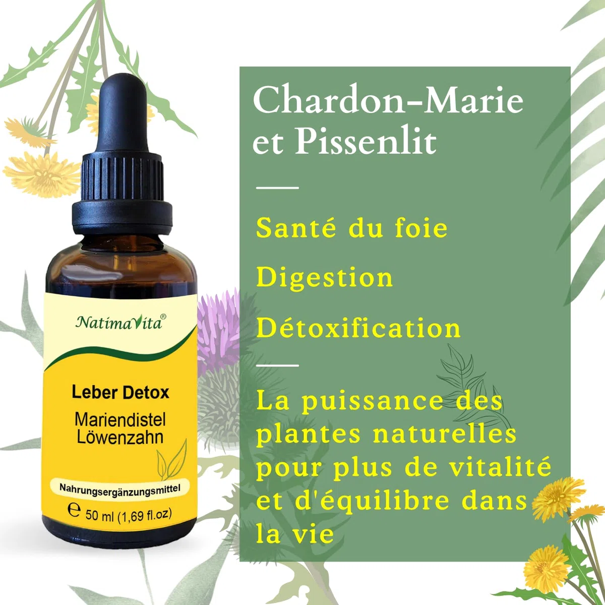 Détox du foie Chardon-Marie et Pissenlit – 2 x 50 ml – Détoxifiant et régénérant pour le foie, la vésicule biliaire et le système digestif – 100% naturel - NatimaVita