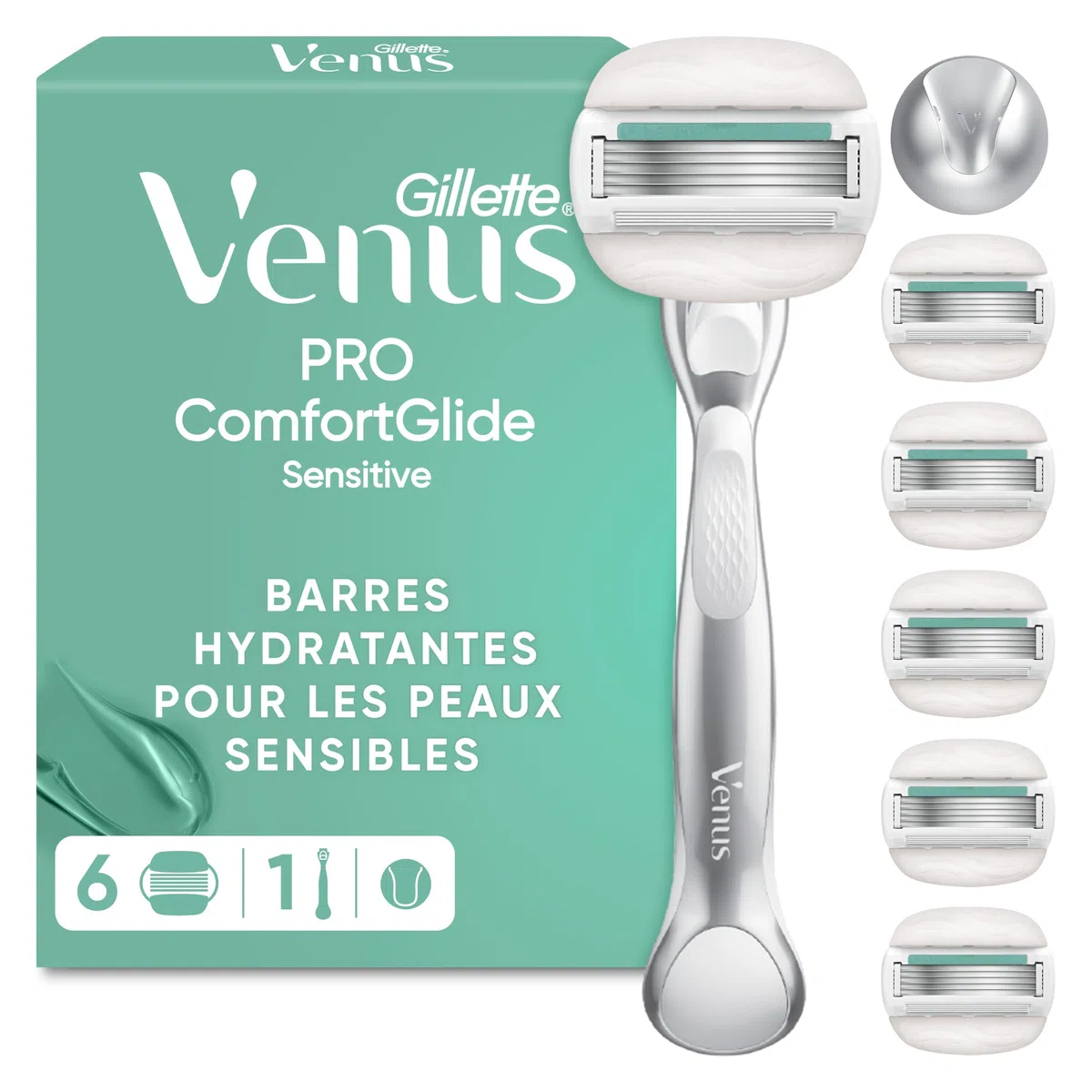 Gillette Venus Rasoir pour Femmes Aux Peaux Sensibles Pro ComfortGlide Sensitive, Manche Réutilisable Et 6 Recharges De Lames avec Bande Lubrifiante, Conçu pour La Peau Sèche, Rasage Longue Durée