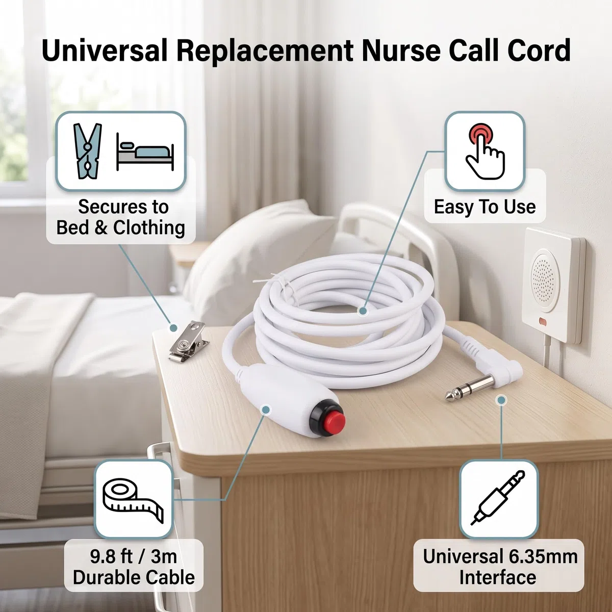 Câble d'Appel Infirmier Universel avec Bouton d'urgence, Interface 6,35mm, Compatible avec Système d'Appel Intercall
