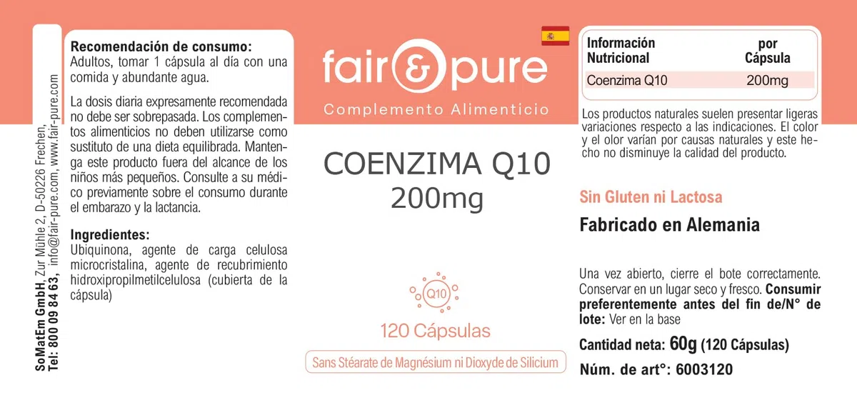 Fair & Pure Co-Enzyme Q10 Capsules 200mg, 120 pièces, complément alimentaire végétalien sans additifs, fabriqué en Allemagne