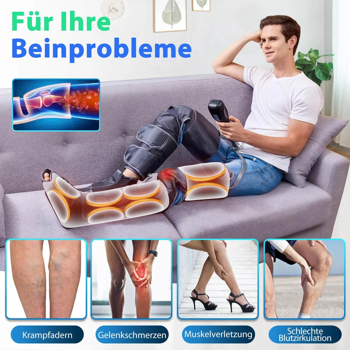 Appareil de massage des jambes avec chaleur pour la circulation sanguine, appareil de massage de compression d'air pour pieds, mollets, cuisses, genoux pour soulager la douleur, 4 modes, 4 intensités