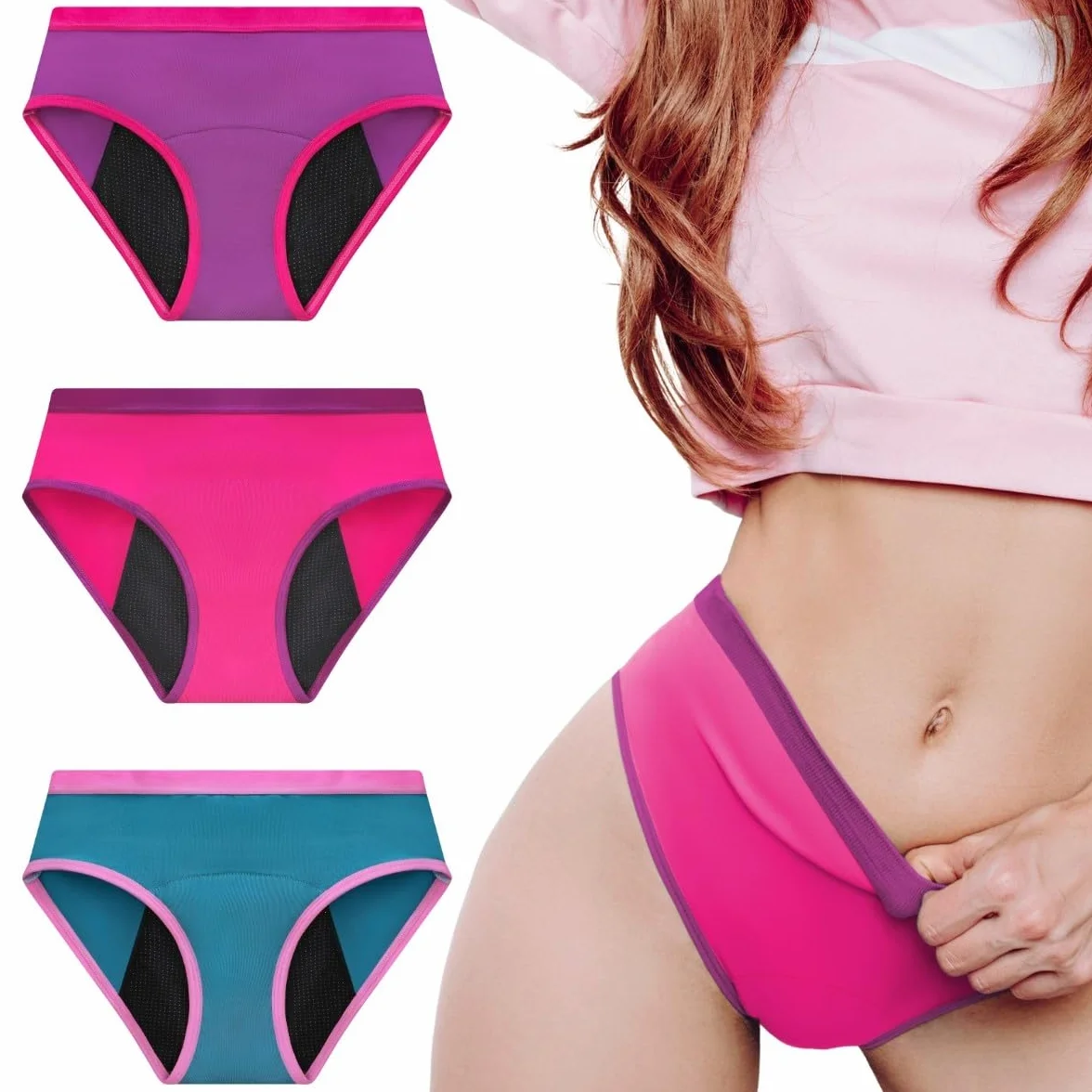 Lot 3 Culottes Menstruelles Adolescentes en Fibre de Bambou | Absorption Nid d'Abeille, Respirantes, Antibactériennes | Ultra absorbantes pour Flux Léger à Flux Très Abondant | Jeunes Filles et Ado